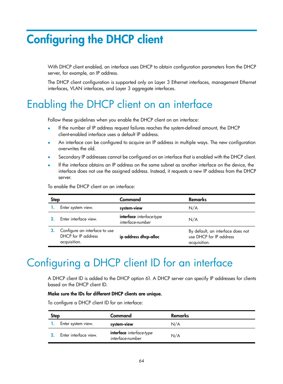 Configuring the dhcp client, Enabling the dhcp client on an interface, Configuring a dhcp client id for an interface | H3C Technologies H3C S5560 Series Switches User Manual | Page 79 / 291