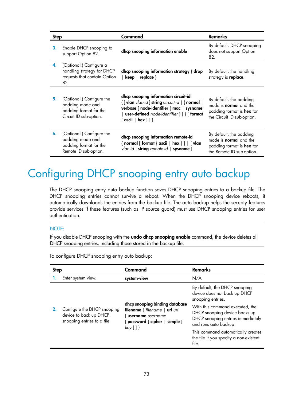 Configuring dhcp snooping entry auto backup | H3C Technologies H3C S5560 Series Switches User Manual | Page 88 / 291