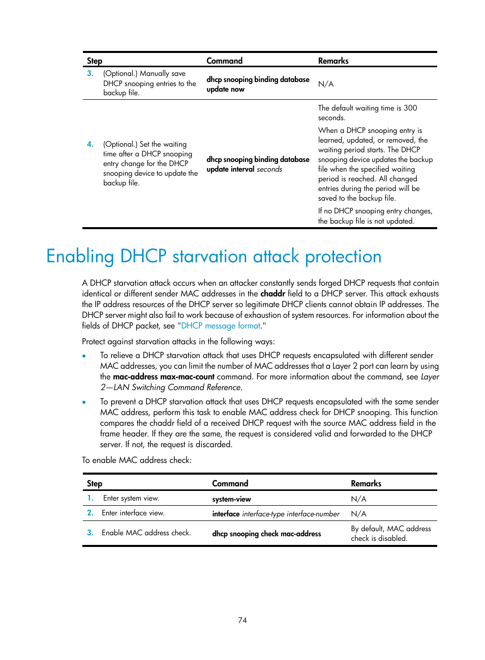 Enabling dhcp starvation attack protection | H3C Technologies H3C S5560 Series Switches User Manual | Page 89 / 291