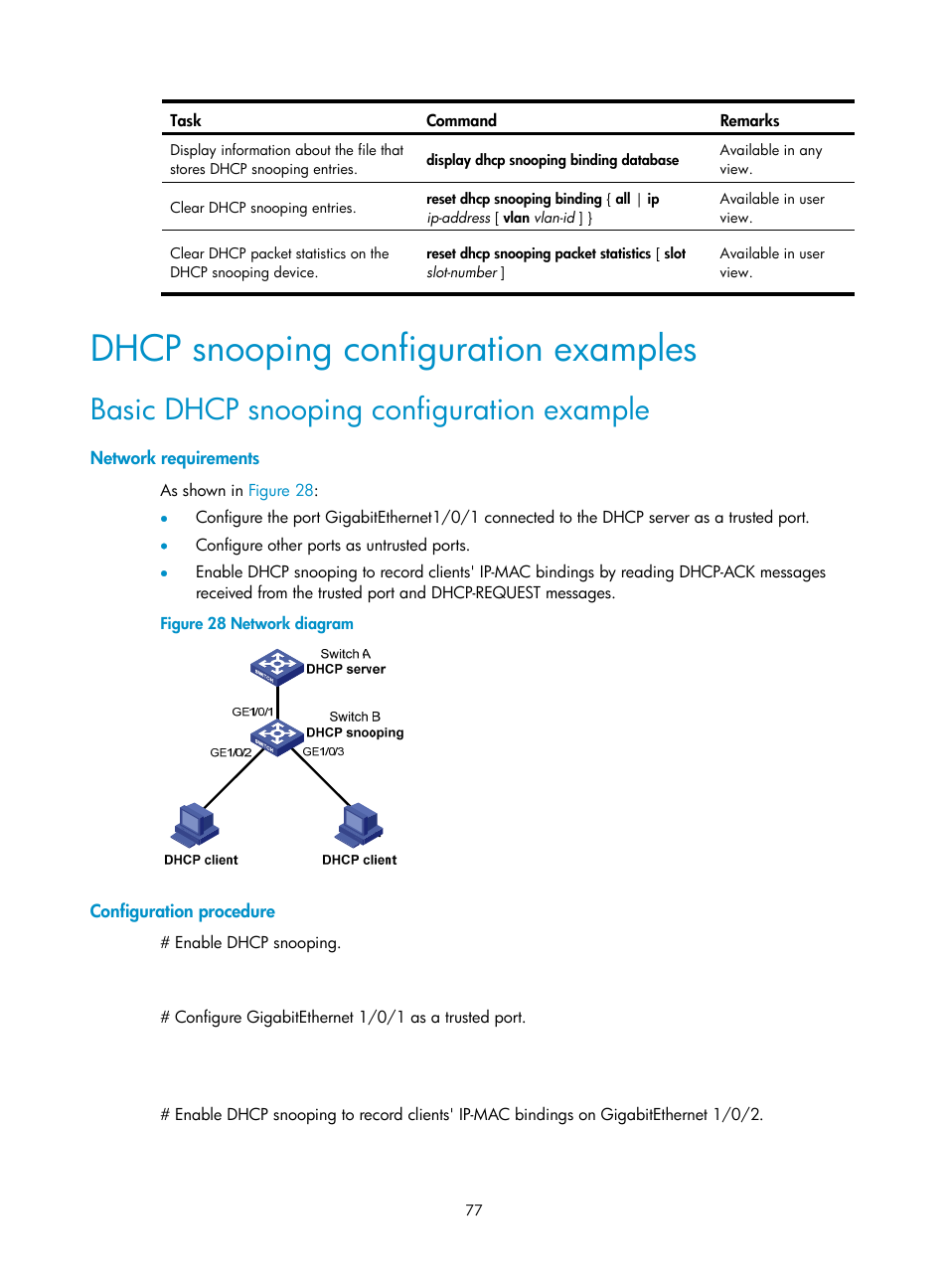 Dhcp snooping configuration examples, Basic dhcp snooping configuration example, Network requirements | Configuration procedure | H3C Technologies H3C S5560 Series Switches User Manual | Page 92 / 291