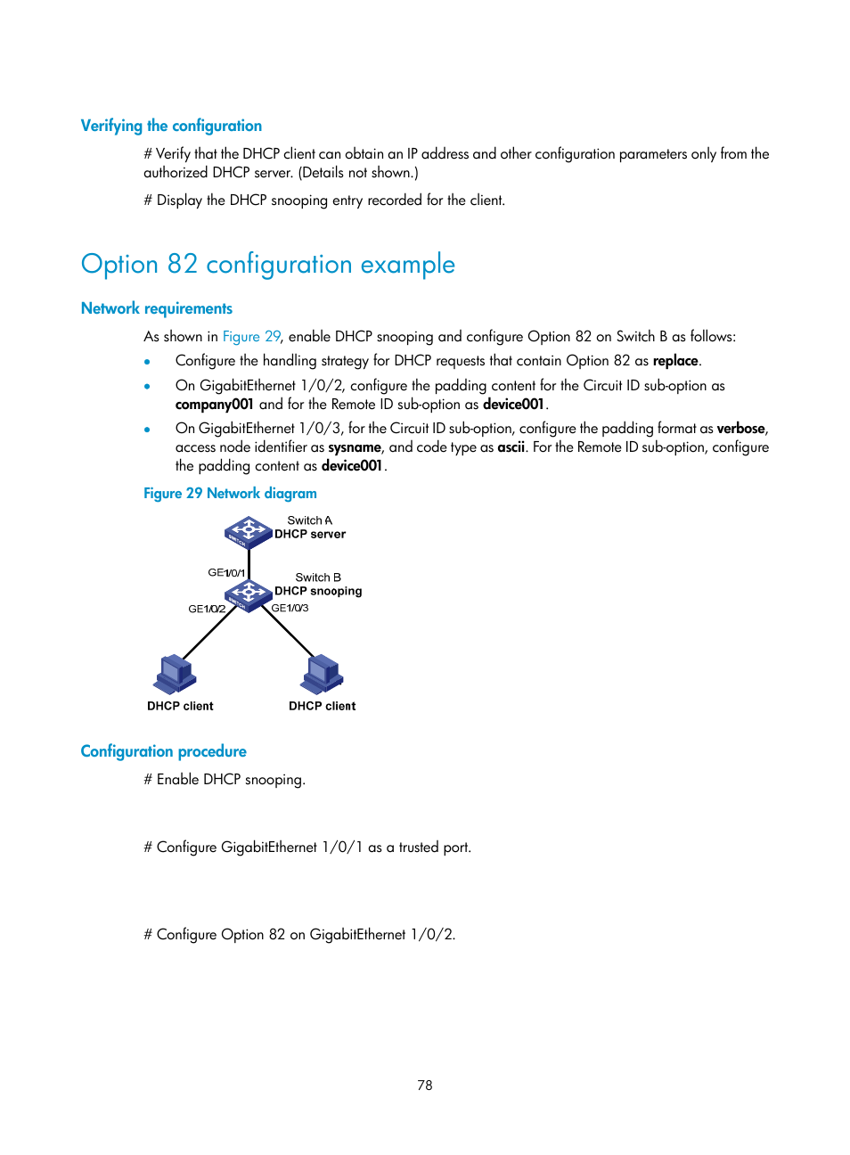 Verifying the configuration, Option 82 configuration example, Network requirements | Configuration procedure | H3C Technologies H3C S5560 Series Switches User Manual | Page 93 / 291