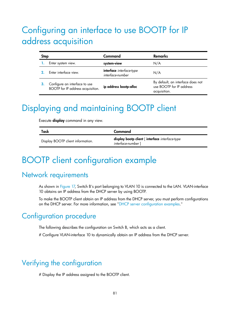 Displaying and maintaining bootp client, Bootp client configuration example, Network requirements | Configuration procedure, Verifying the configuration | H3C Technologies H3C S5560 Series Switches User Manual | Page 96 / 291