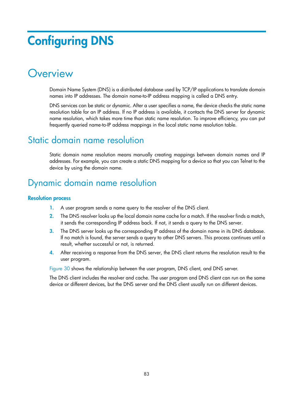 Configuring dns, Overview, Static domain name resolution | Dynamic domain name resolution, Resolution process | H3C Technologies H3C S5560 Series Switches User Manual | Page 98 / 291