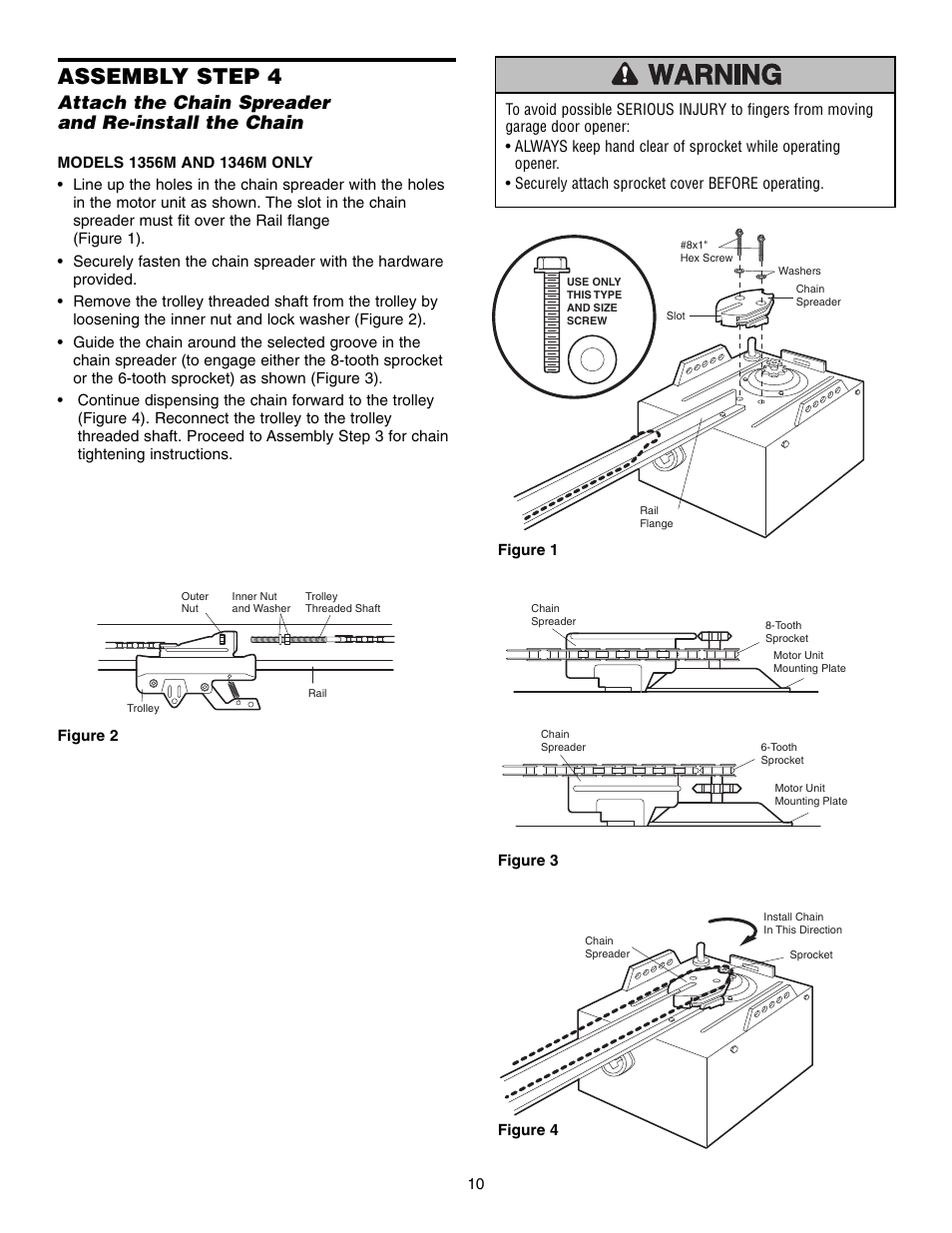 Assembly step 4, Attach the chain spreader and re-install the chain | Chamberlain 1345M User Manual | Page 10 / 40