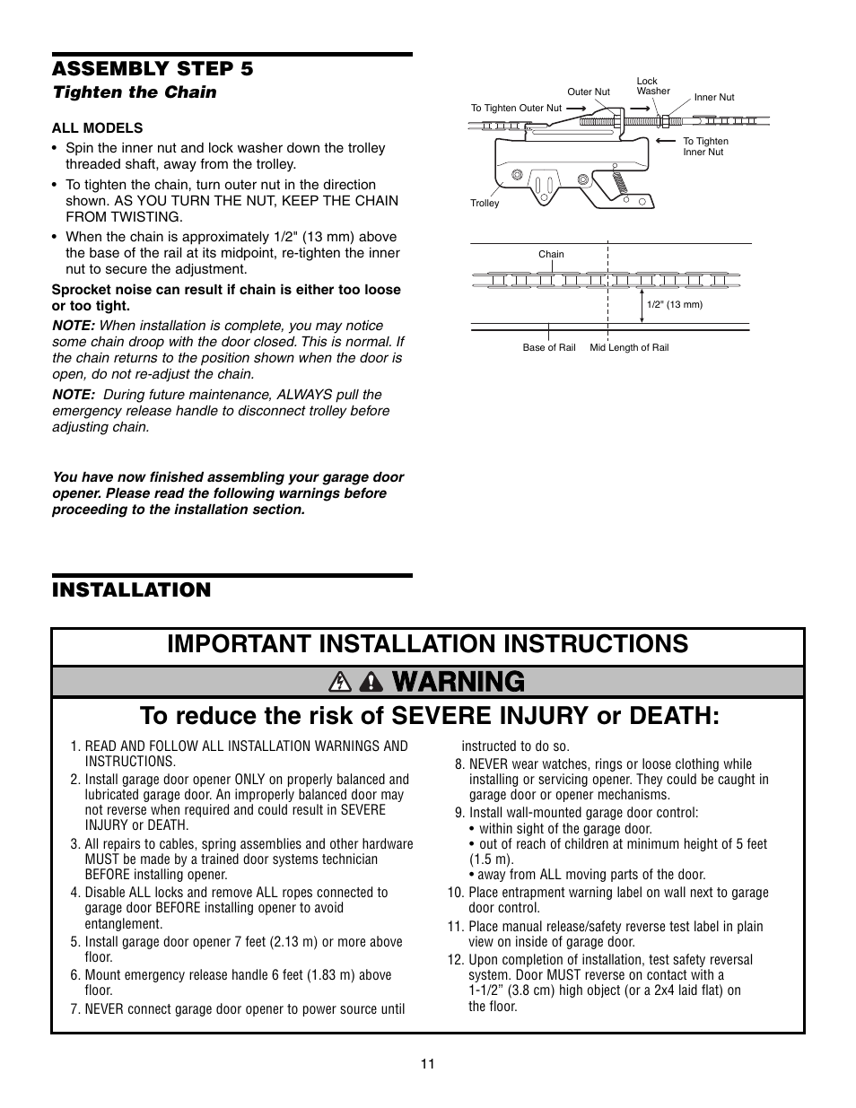 Tighten the chain, Installation, Warning | Important installation instructions, Assembly step 5 | Chamberlain 1345M User Manual | Page 11 / 40