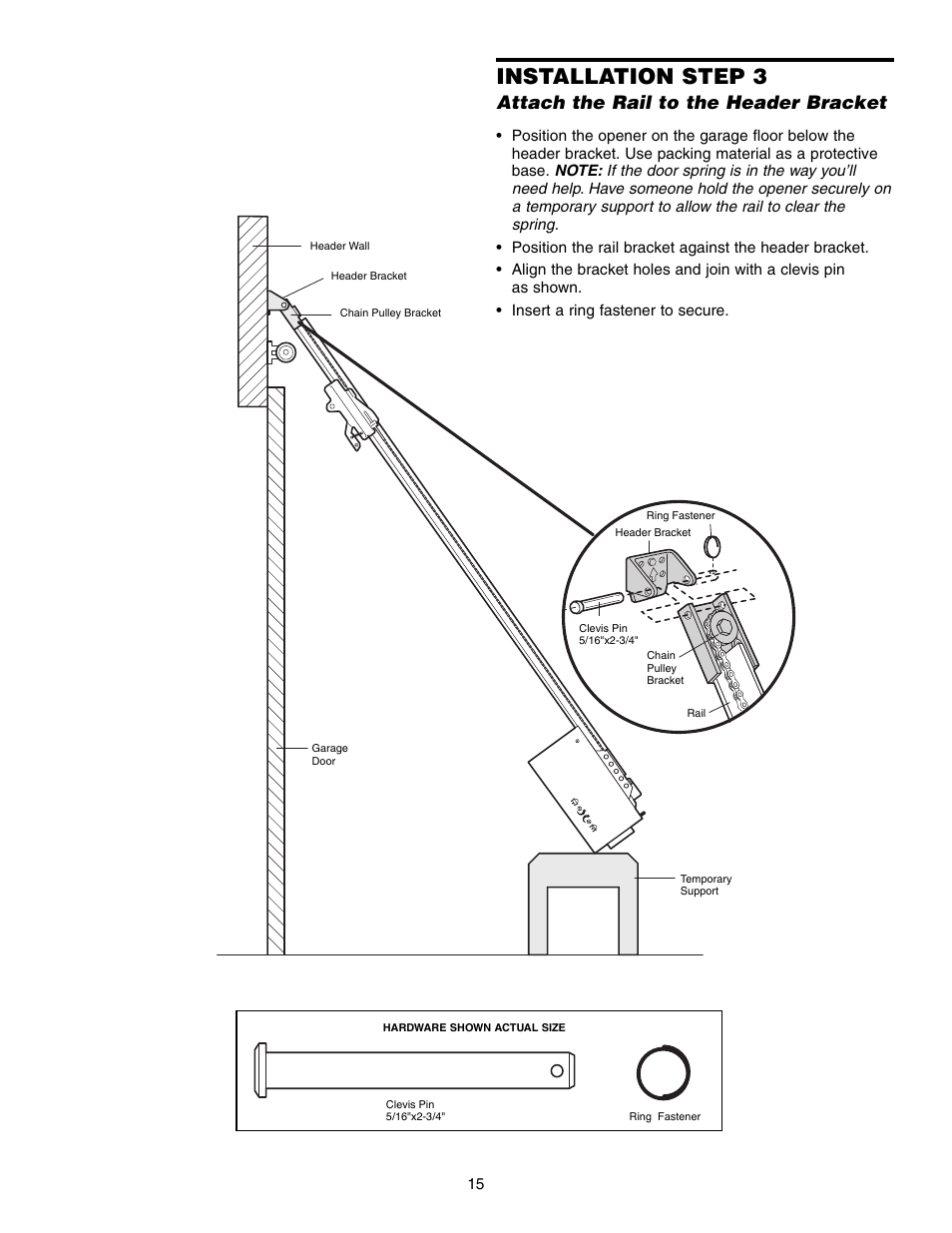 Attach the rail to the header bracket, Installation step 3 | Chamberlain 1345M User Manual | Page 15 / 40