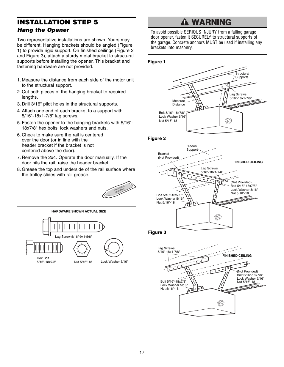 Hang the opener, Installation step 5 | Chamberlain 1345M User Manual | Page 17 / 40