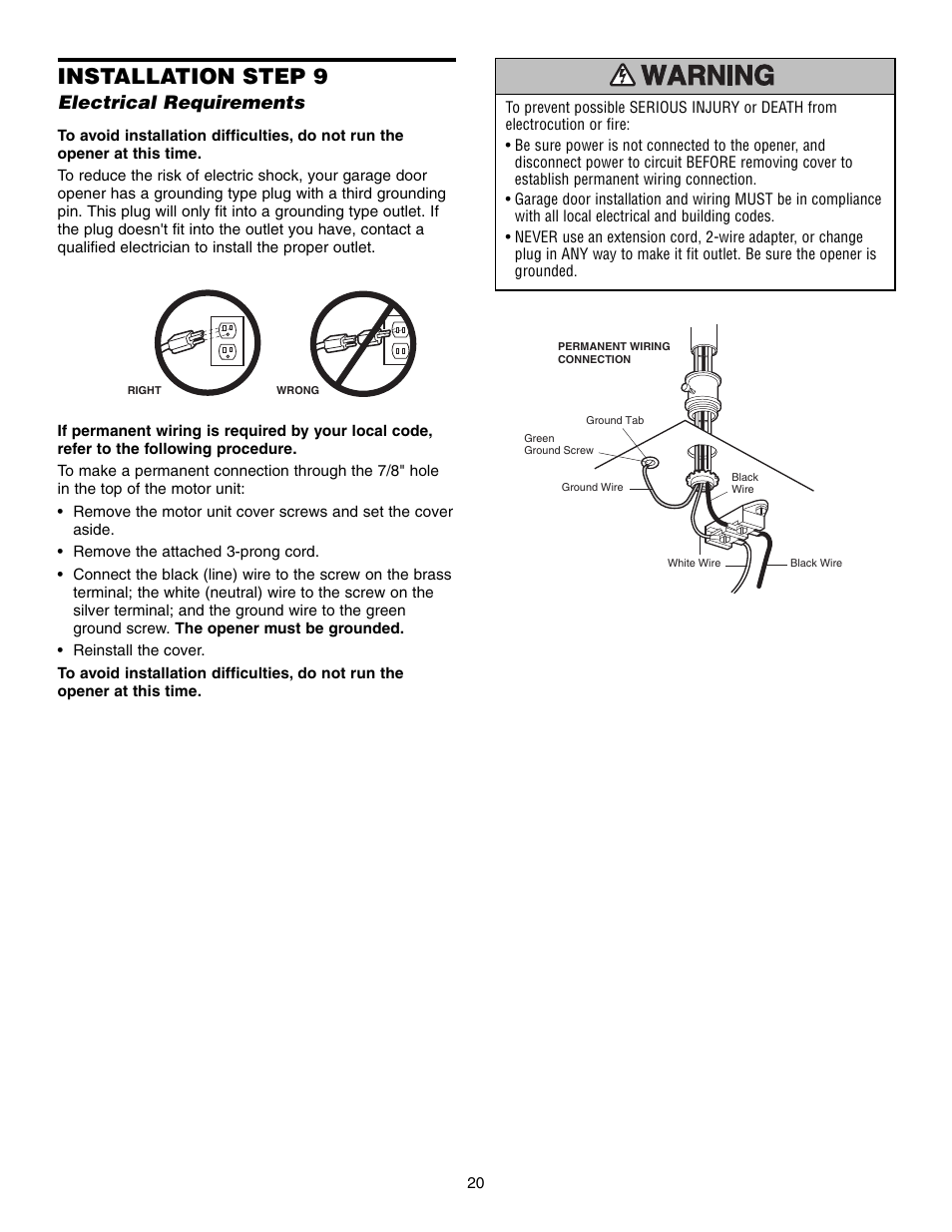 Electrical requirements, Installation step 9 | Chamberlain 1345M User Manual | Page 20 / 40