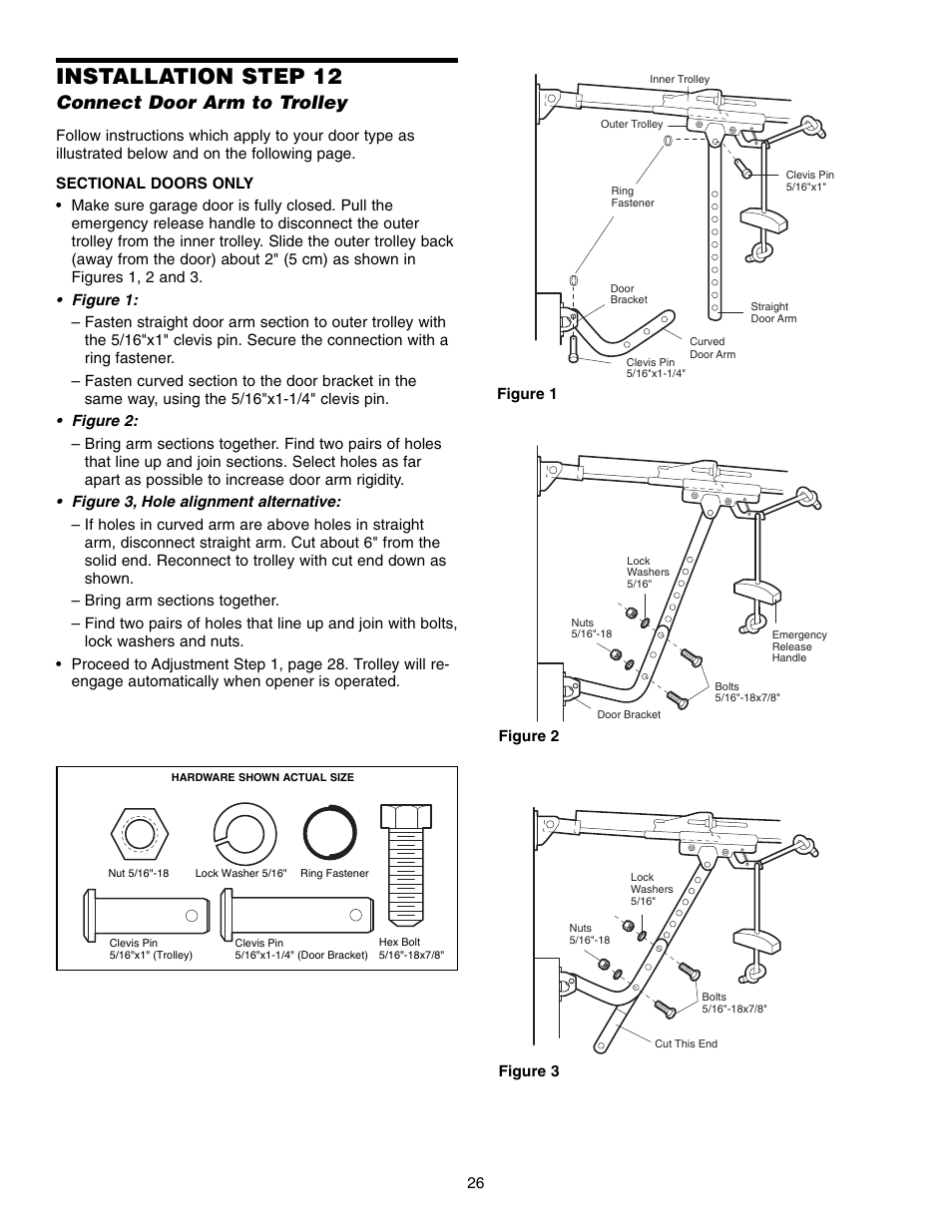 Connect door arm to trolley, Installation step 12 | Chamberlain 1345M User Manual | Page 26 / 40