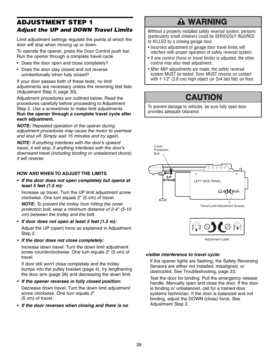 Adjustment, Adjust the up and down travel limits, Adjustment step 1 | Chamberlain 1345M User Manual | Page 28 / 40