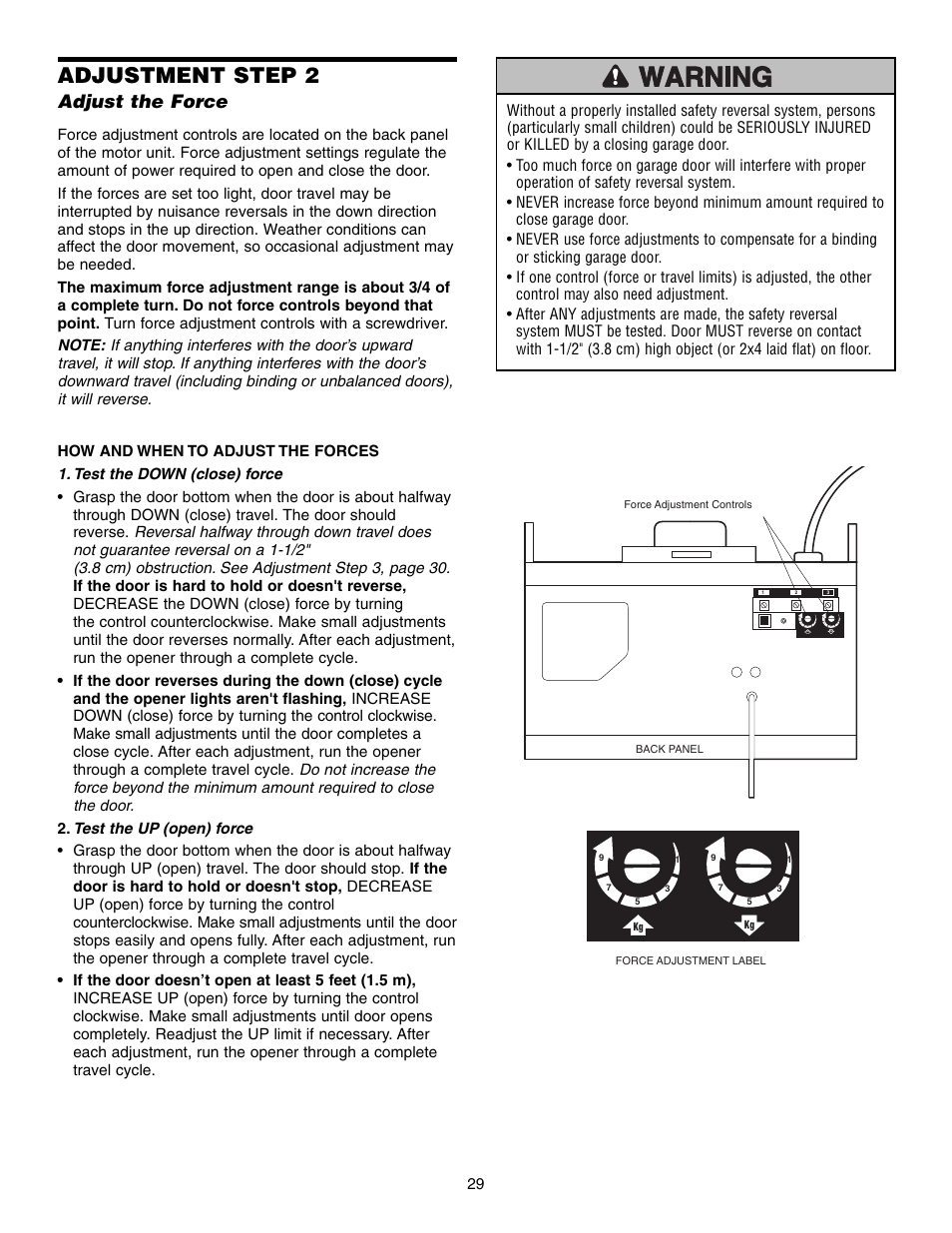 Adjust the force, Adjustment step 2 | Chamberlain 1345M User Manual | Page 29 / 40