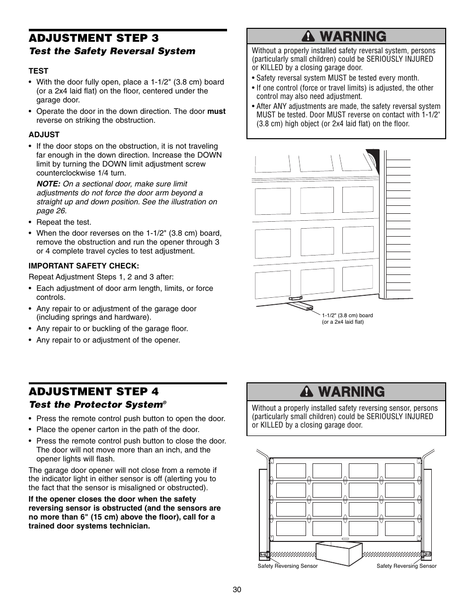 Test the safety reversal system, Test the protector system, Adjustment step 3 | Adjustment step 4 | Chamberlain 1345M User Manual | Page 30 / 40