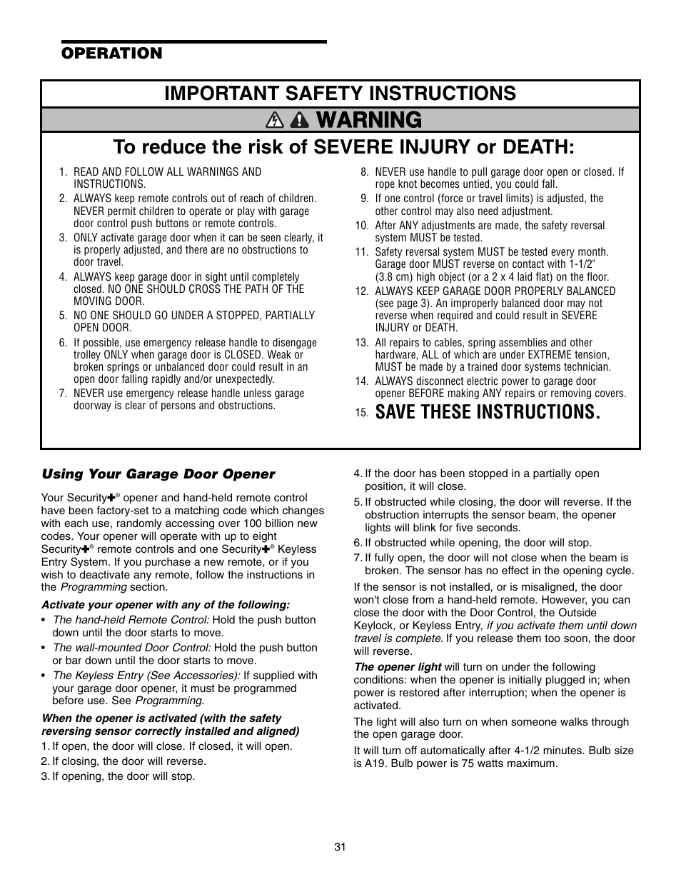 Operation, Using your garage door opener, Warning | Save these instructions | Chamberlain 1345M User Manual | Page 31 / 40