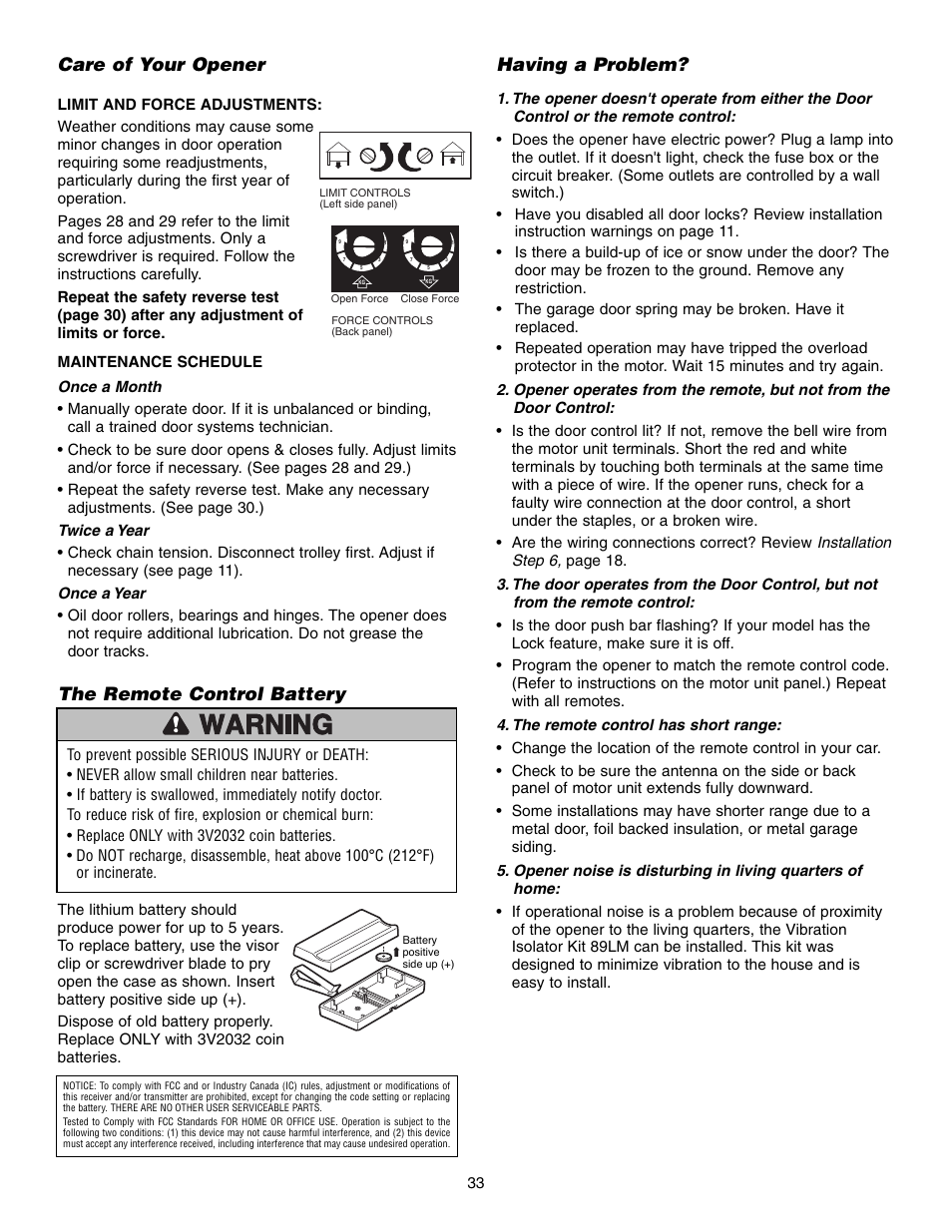 Care of your opener, The remote control battery, Having a problem | Chamberlain 1345M User Manual | Page 33 / 40