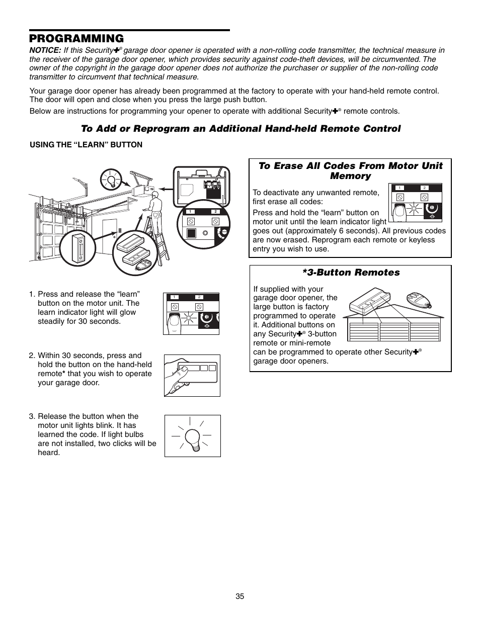 Programming, To erase all codes from motor unit memory, Button remotes | Chamberlain 1345M User Manual | Page 35 / 40