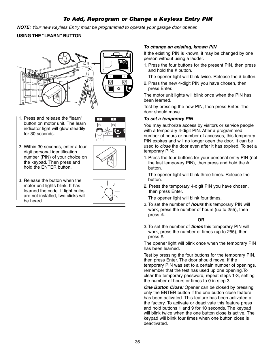 To add, reprogram or change a keyless entry pin | Chamberlain 1345M User Manual | Page 36 / 40