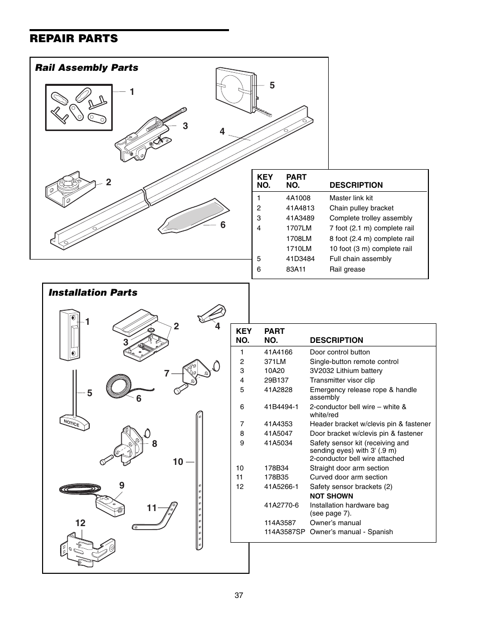 Repair parts, Rail assembly parts, Installation parts | Chamberlain 1345M User Manual | Page 37 / 40