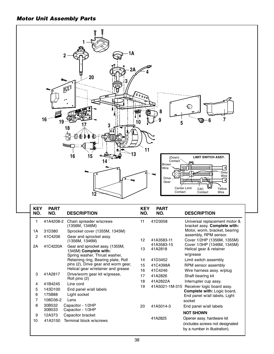 Motor unit assembly parts | Chamberlain 1345M User Manual | Page 38 / 40