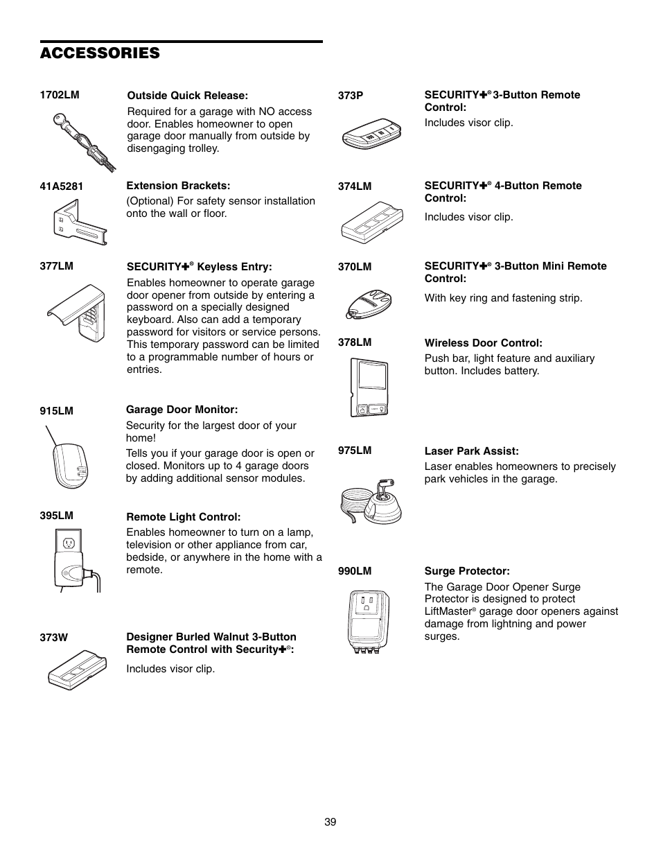 Accessories | Chamberlain 1345M User Manual | Page 39 / 40