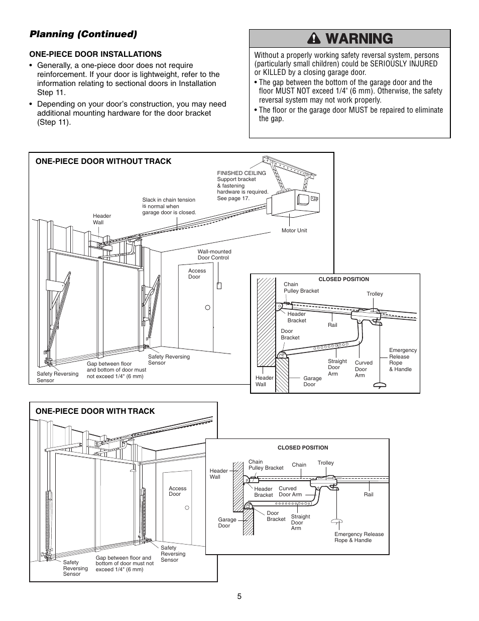 Planning (continued), One-piece door without track | Chamberlain 1345M User Manual | Page 5 / 40