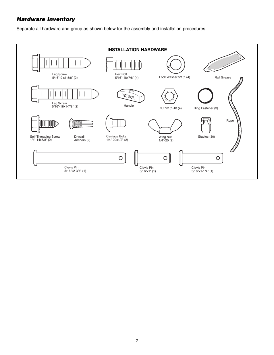 Hardware inventory, Installation hardware | Chamberlain 1345M User Manual | Page 7 / 40