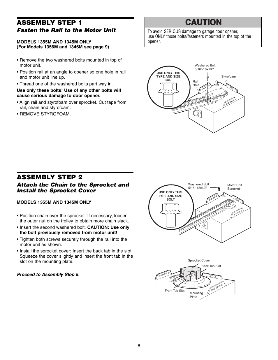 Assembly, Assembly step 1, Assembly step 2 | Fasten the rail to the motor unit | Chamberlain 1345M User Manual | Page 8 / 40