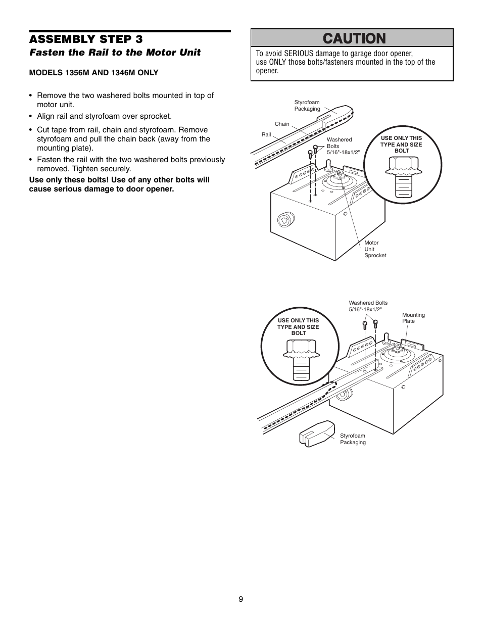 Assembly step 3, Fasten the rail to the motor unit | Chamberlain 1345M User Manual | Page 9 / 40