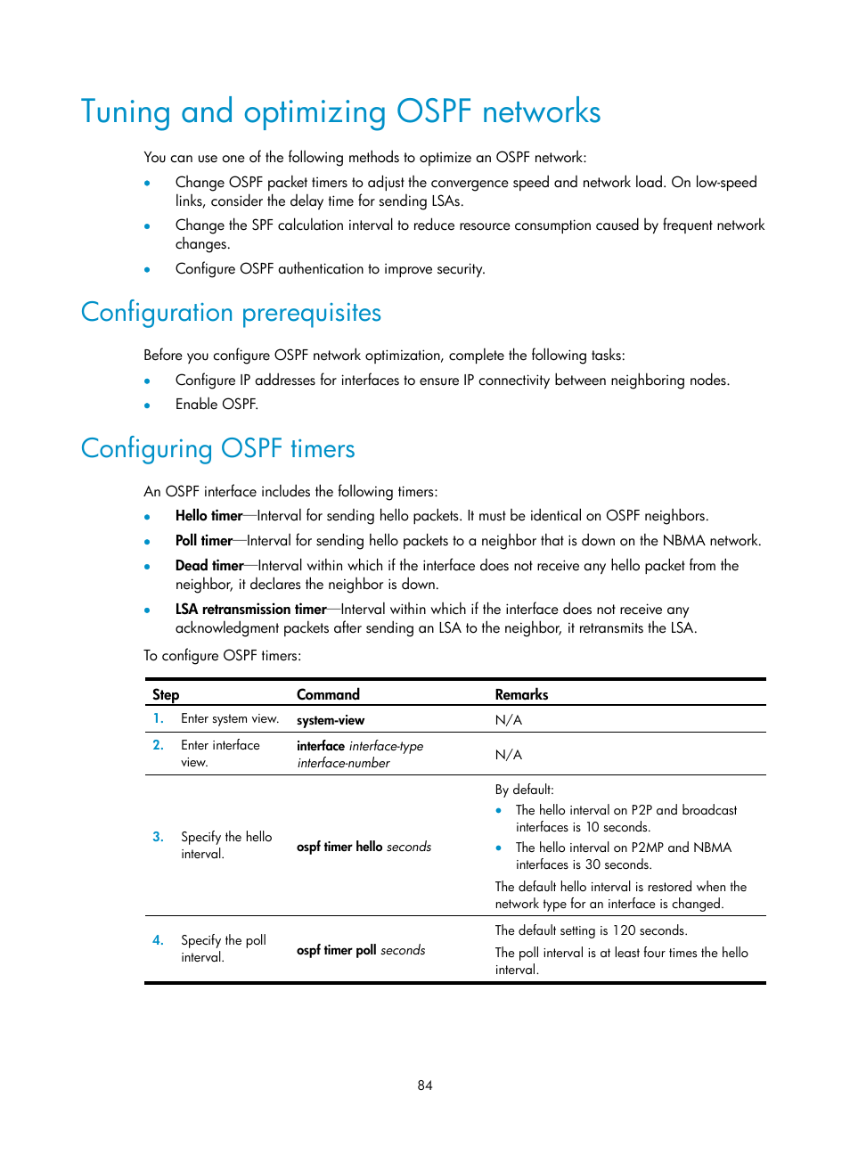 Tuning and optimizing ospf networks, Configuration prerequisites, Configuring ospf timers | H3C Technologies H3C S5560 Series Switches User Manual | Page 100 / 510