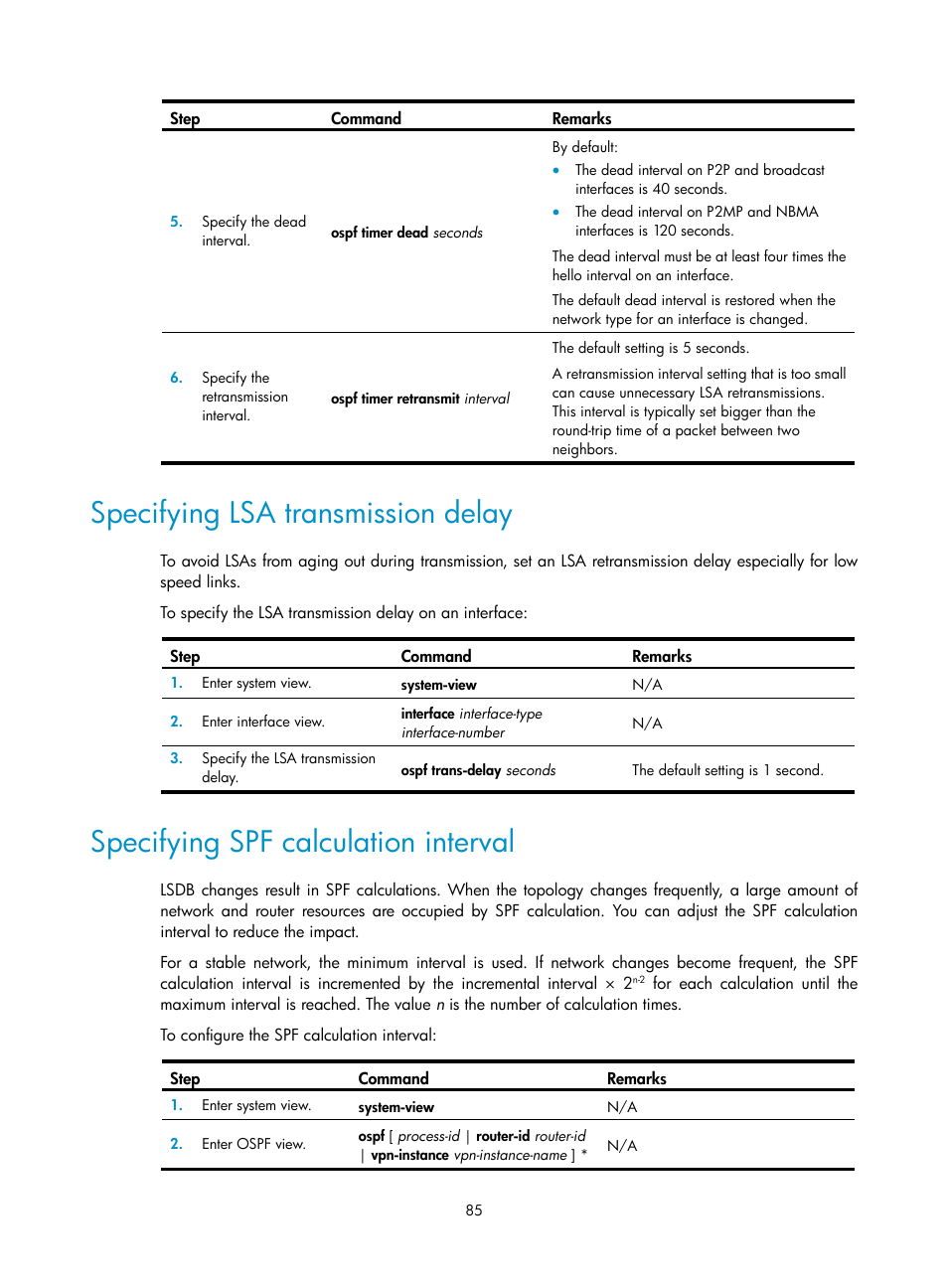 Specifying lsa transmission delay, Specifying spf calculation interval | H3C Technologies H3C S5560 Series Switches User Manual | Page 101 / 510