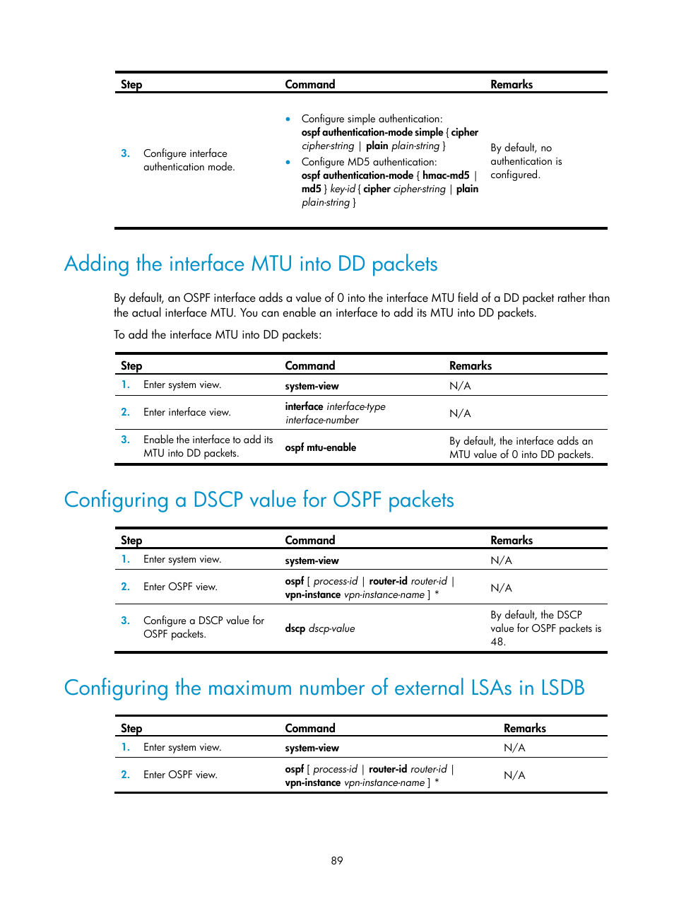 Adding the interface mtu into dd packets, Configuring a dscp value for ospf packets | H3C Technologies H3C S5560 Series Switches User Manual | Page 105 / 510