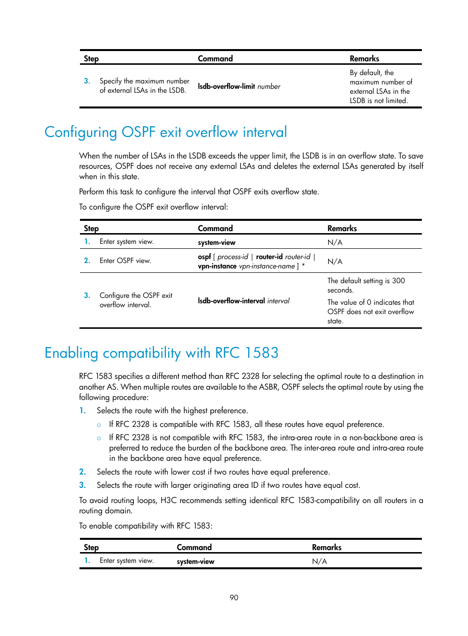 Configuring ospf exit overflow interval, Enabling compatibility with rfc 1583 | H3C Technologies H3C S5560 Series Switches User Manual | Page 106 / 510