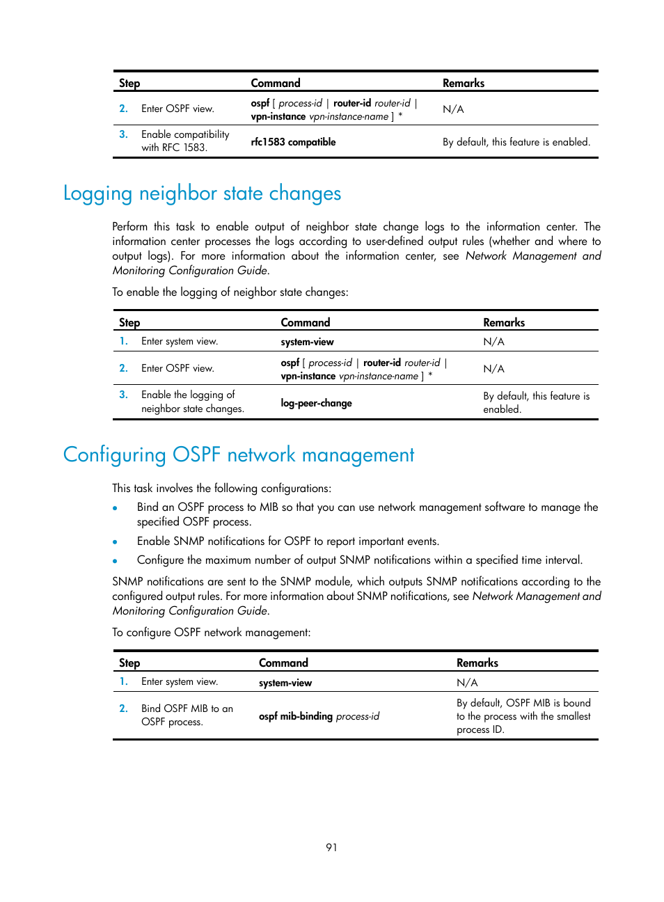 Logging neighbor state changes, Configuring ospf network management | H3C Technologies H3C S5560 Series Switches User Manual | Page 107 / 510