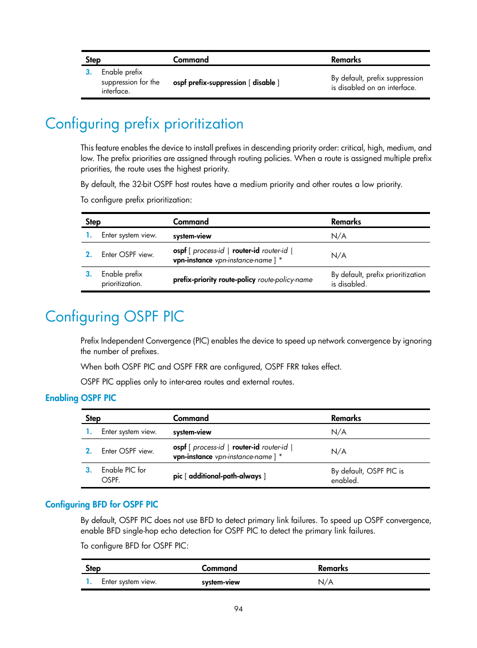 Configuring prefix prioritization, Configuring ospf pic, Enabling ospf pic | Configuring bfd for ospf pic | H3C Technologies H3C S5560 Series Switches User Manual | Page 110 / 510