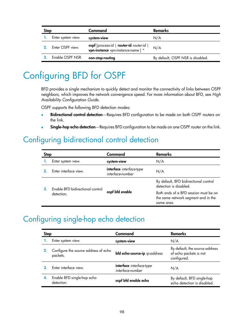 Configuring bfd for ospf, Configuring bidirectional control detection, Configuring single-hop echo detection | H3C Technologies H3C S5560 Series Switches User Manual | Page 114 / 510