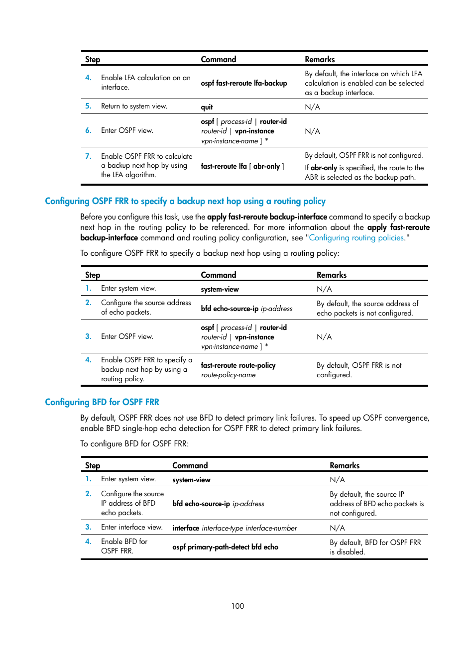 Configuring bfd for ospf frr | H3C Technologies H3C S5560 Series Switches User Manual | Page 116 / 510