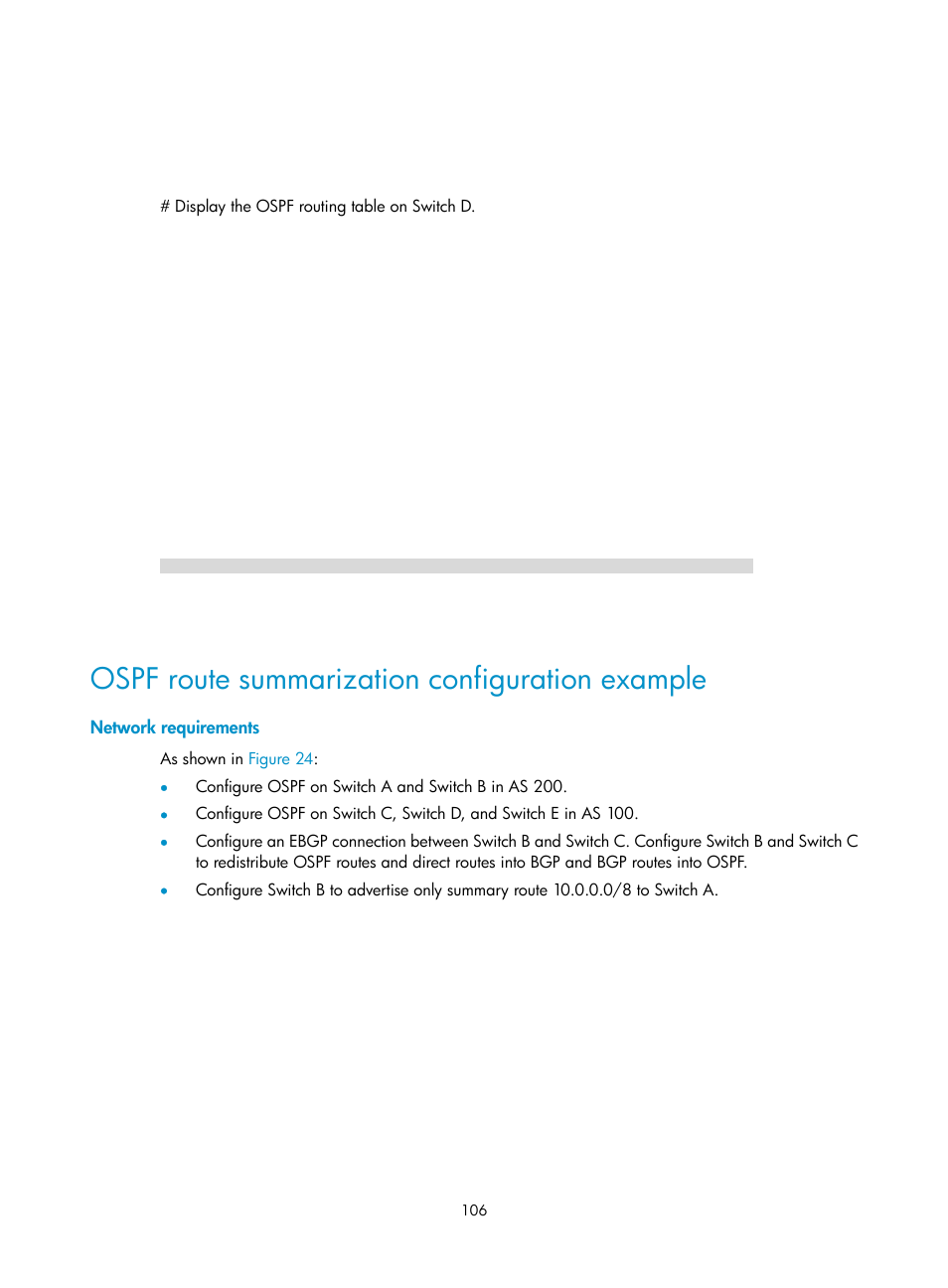 Ospf route summarization configuration example, Network requirements | H3C Technologies H3C S5560 Series Switches User Manual | Page 122 / 510