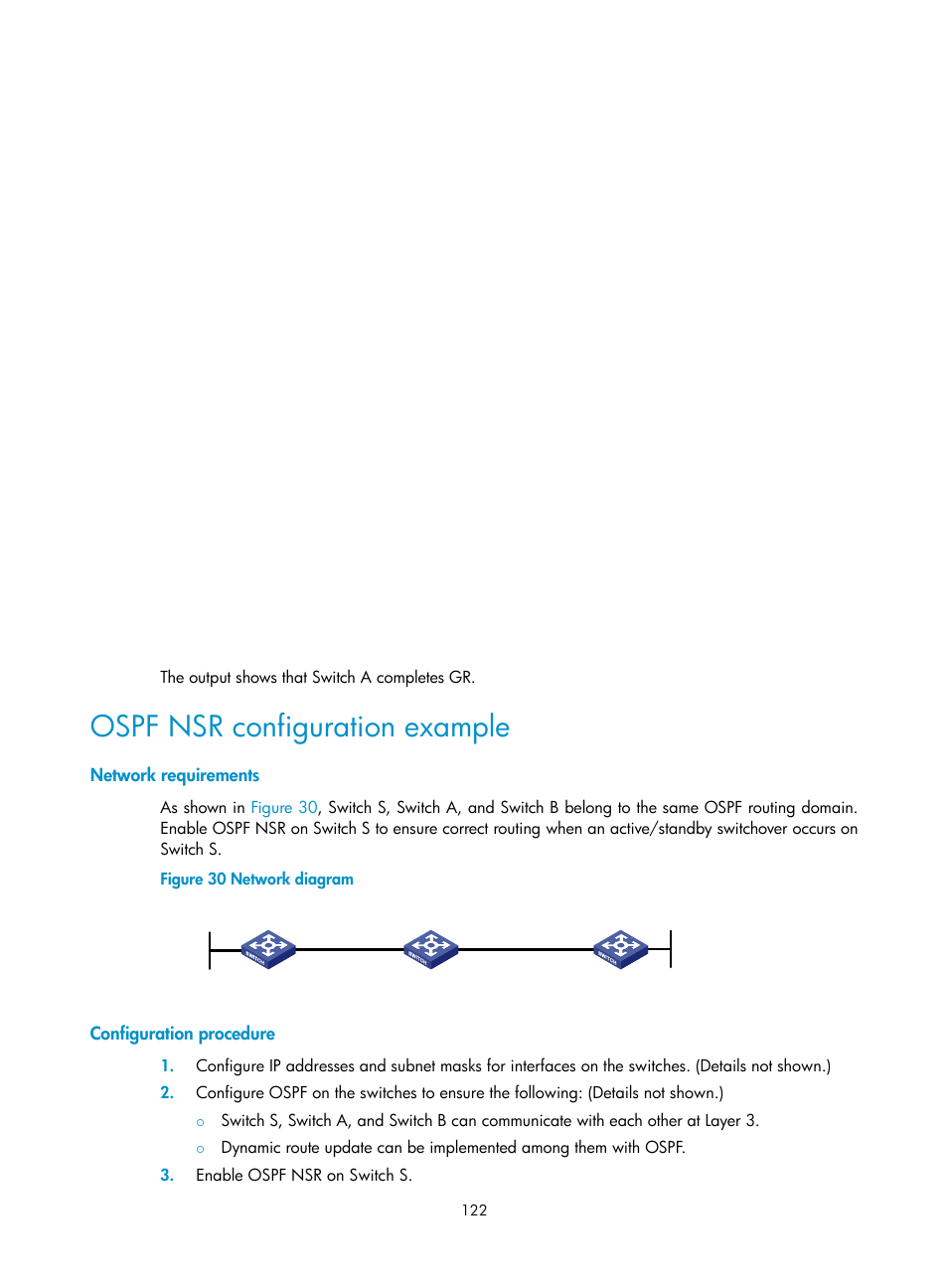 Ospf nsr configuration example, Network requirements, Configuration procedure | H3C Technologies H3C S5560 Series Switches User Manual | Page 138 / 510