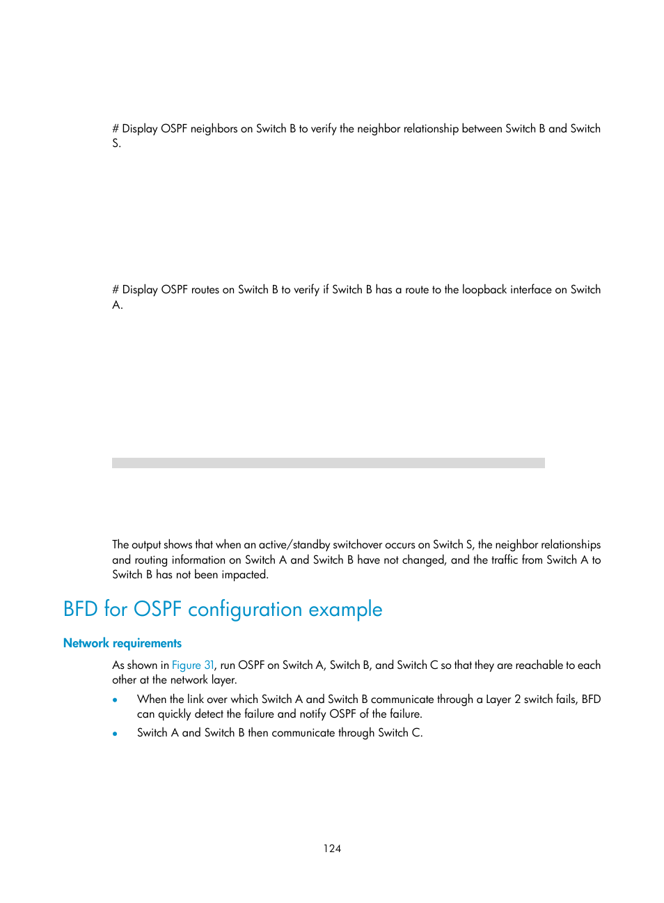 Bfd for ospf configuration example, Network requirements | H3C Technologies H3C S5560 Series Switches User Manual | Page 140 / 510
