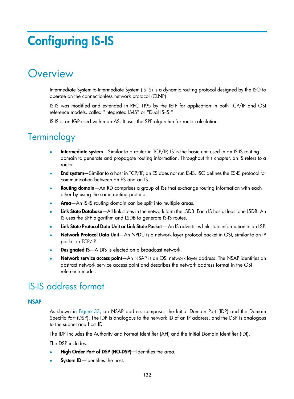 Configuring is-is, Overview, Terminology | Is-is address format, Nsap | H3C Technologies H3C S5560 Series Switches User Manual | Page 148 / 510