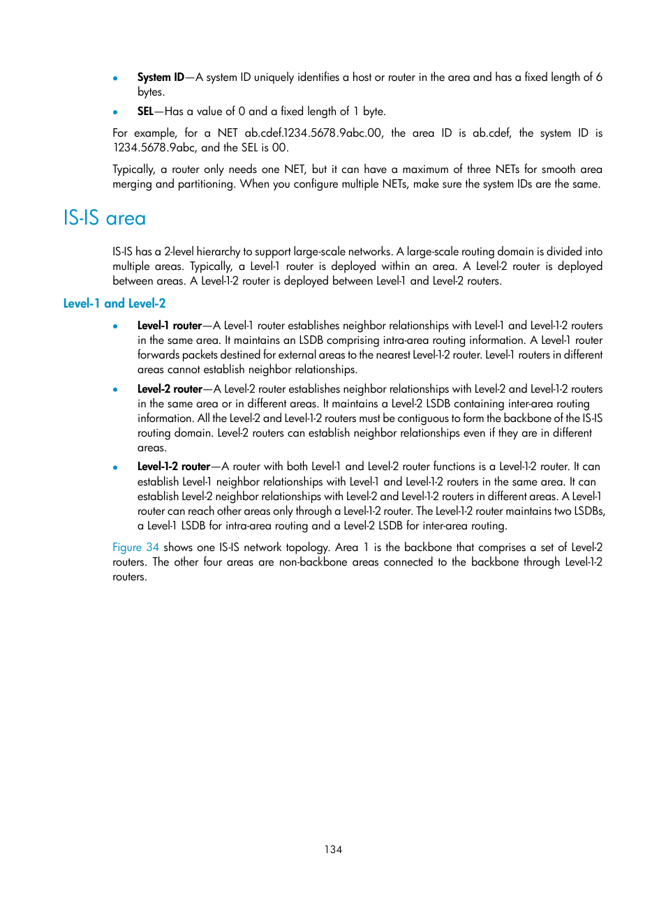 Is-is area, Level-1 and level-2 | H3C Technologies H3C S5560 Series Switches User Manual | Page 150 / 510