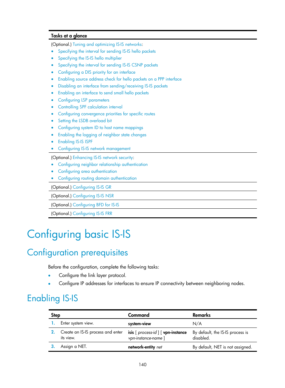 Configuring basic is-is, Configuration prerequisites, Enabling is-is | H3C Technologies H3C S5560 Series Switches User Manual | Page 156 / 510