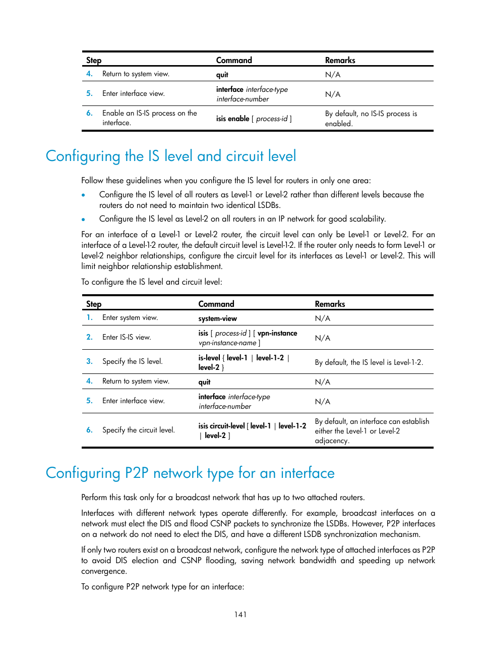 Configuring the is level and circuit level, Configuring p2p network type for an interface | H3C Technologies H3C S5560 Series Switches User Manual | Page 157 / 510