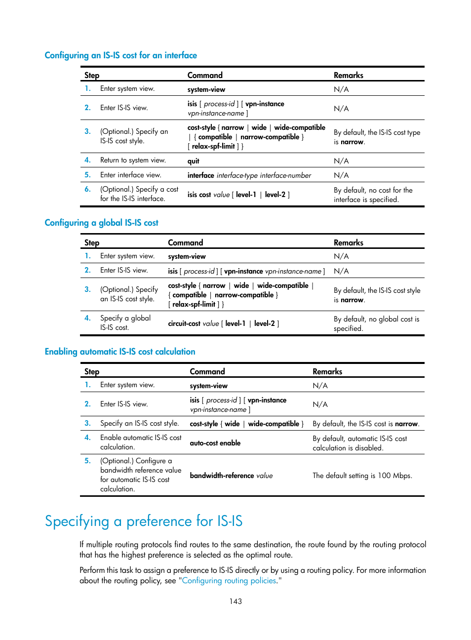 Configuring an is-is cost for an interface, Configuring a global is-is cost, Enabling automatic is-is cost calculation | Specifying a preference for is-is | H3C Technologies H3C S5560 Series Switches User Manual | Page 159 / 510