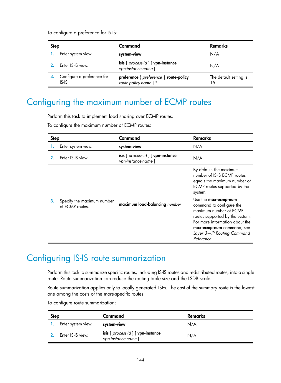 Configuring the maximum number of ecmp routes, Configuring is-is route summarization | H3C Technologies H3C S5560 Series Switches User Manual | Page 160 / 510