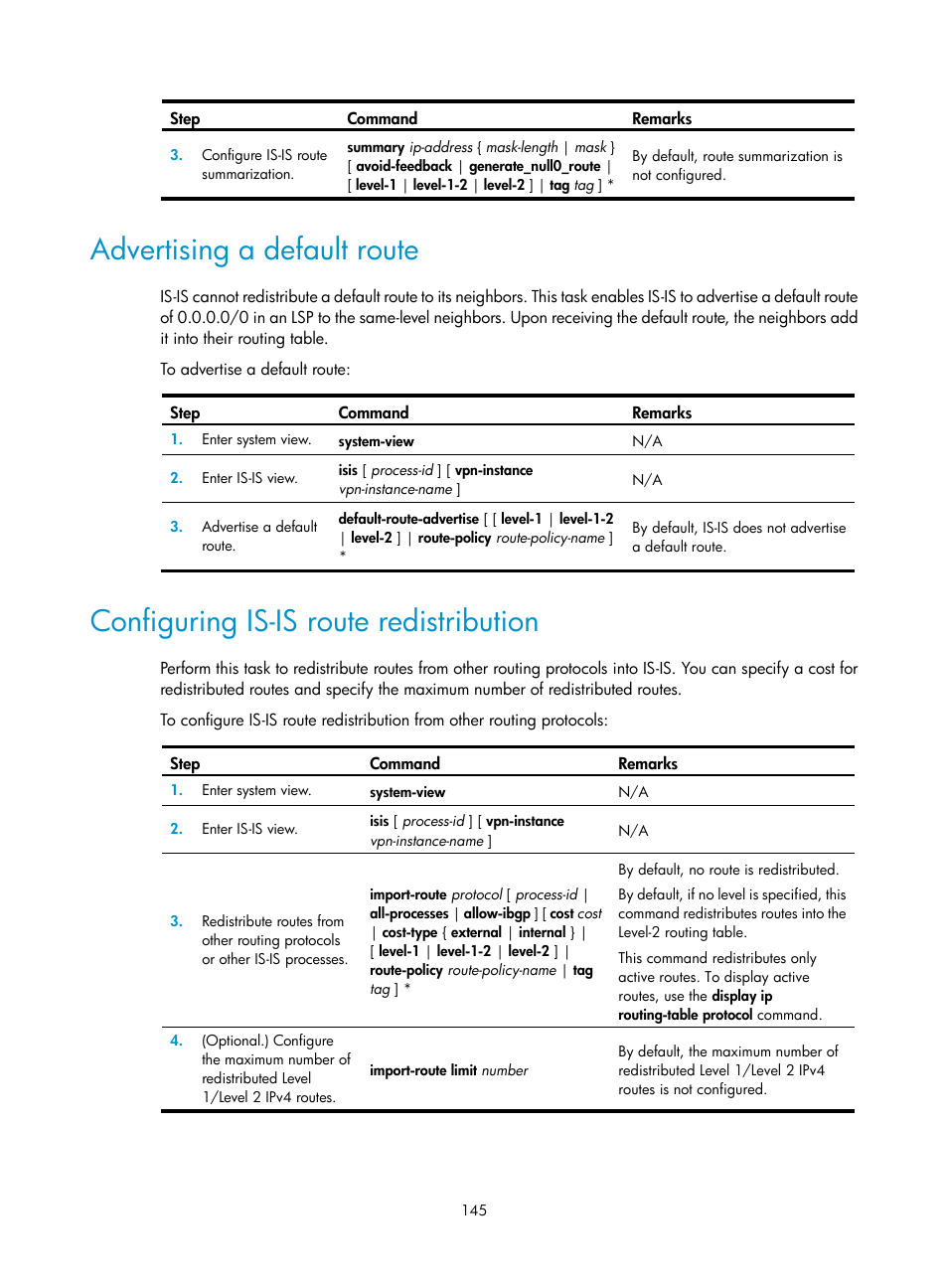 Advertising a default route, Configuring is-is route redistribution | H3C Technologies H3C S5560 Series Switches User Manual | Page 161 / 510