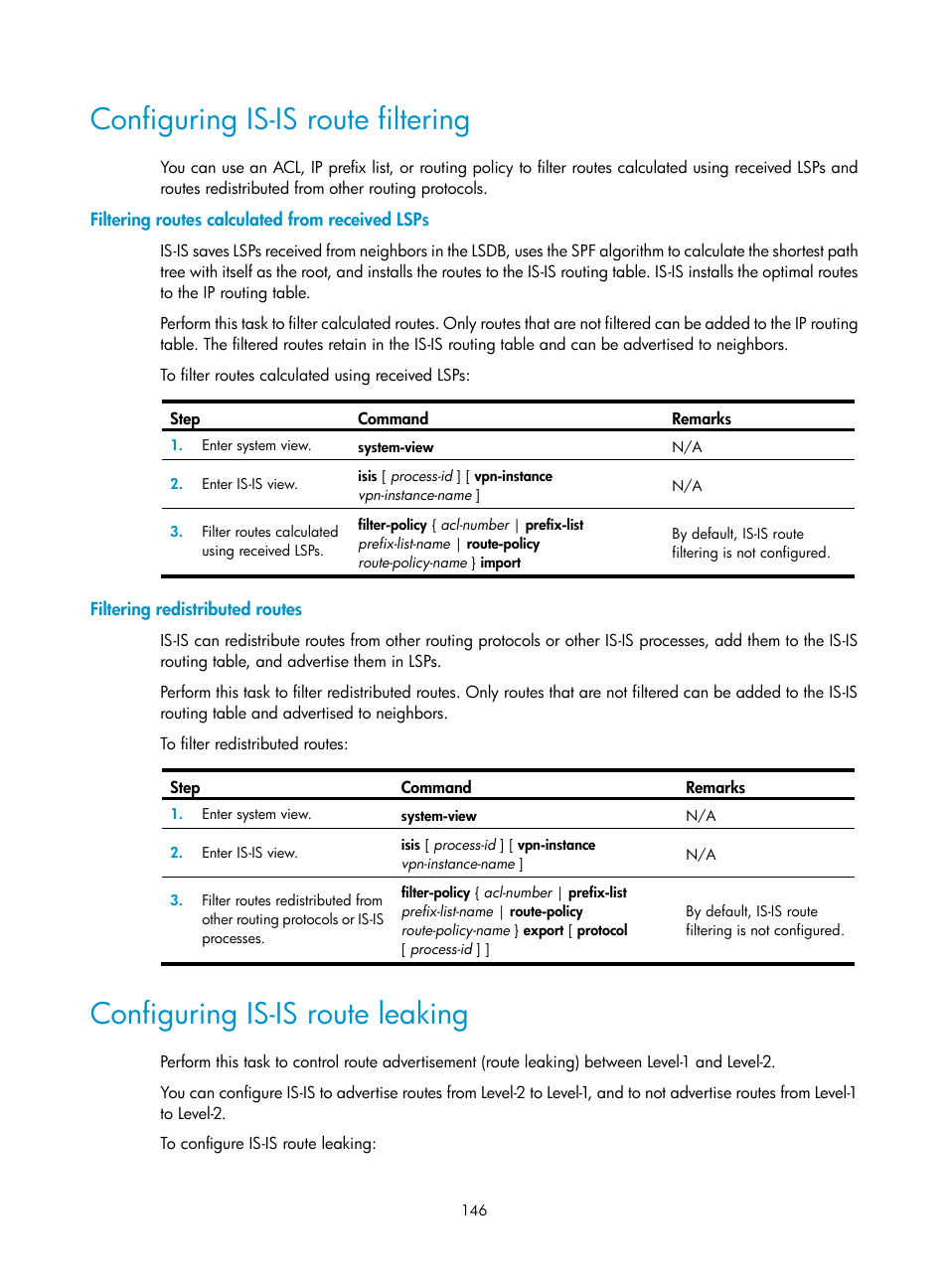 Configuring is-is route filtering, Filtering routes calculated from received lsps, Filtering redistributed routes | Configuring is-is route leaking | H3C Technologies H3C S5560 Series Switches User Manual | Page 162 / 510