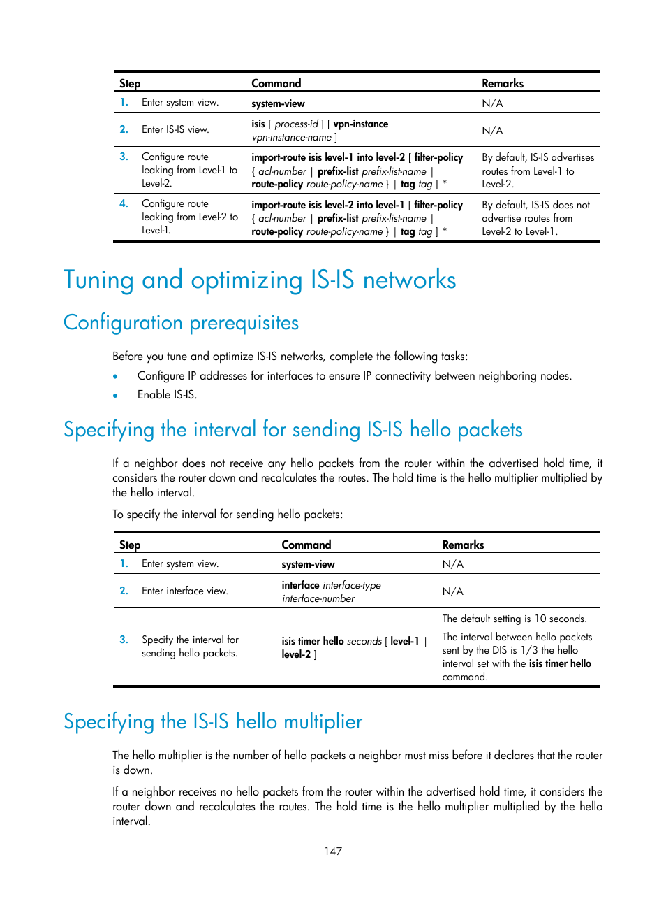 Tuning and optimizing is-is networks, Configuration prerequisites, Specifying the is-is hello multiplier | H3C Technologies H3C S5560 Series Switches User Manual | Page 163 / 510