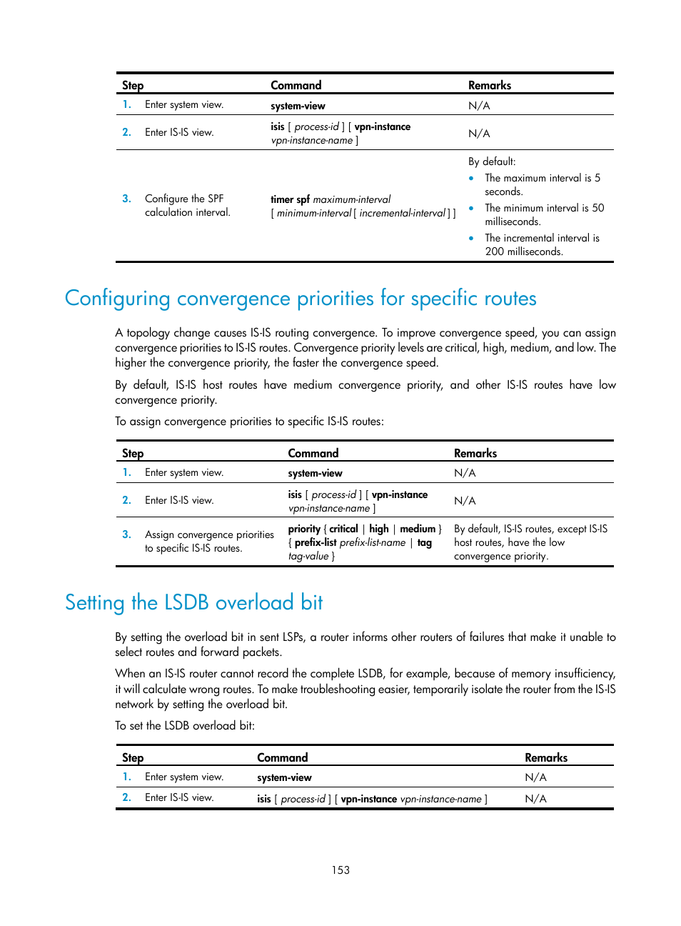 Setting the lsdb overload bit | H3C Technologies H3C S5560 Series Switches User Manual | Page 169 / 510