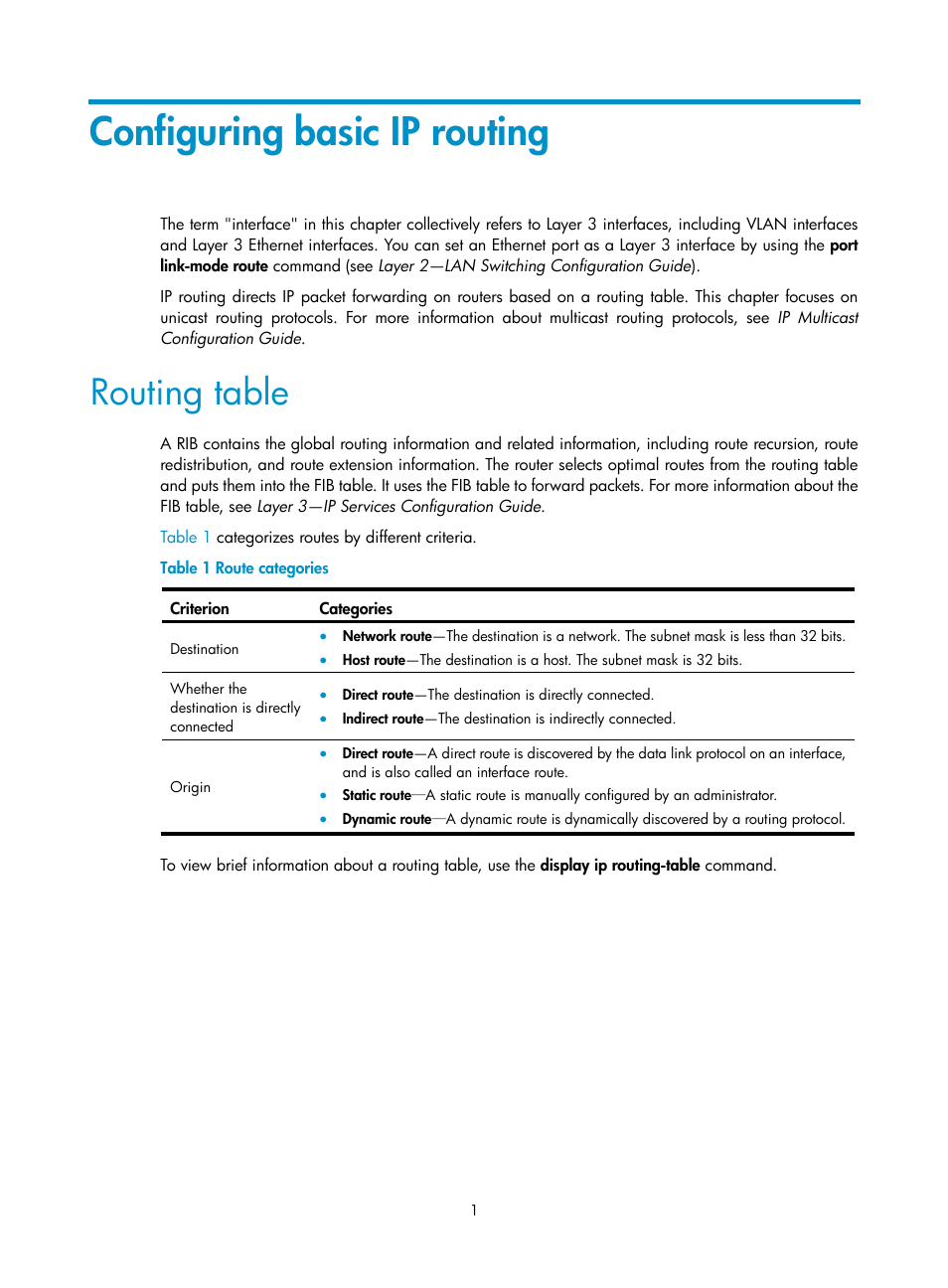 Configuring basic ip routing, Routing table | H3C Technologies H3C S5560 Series Switches User Manual | Page 17 / 510