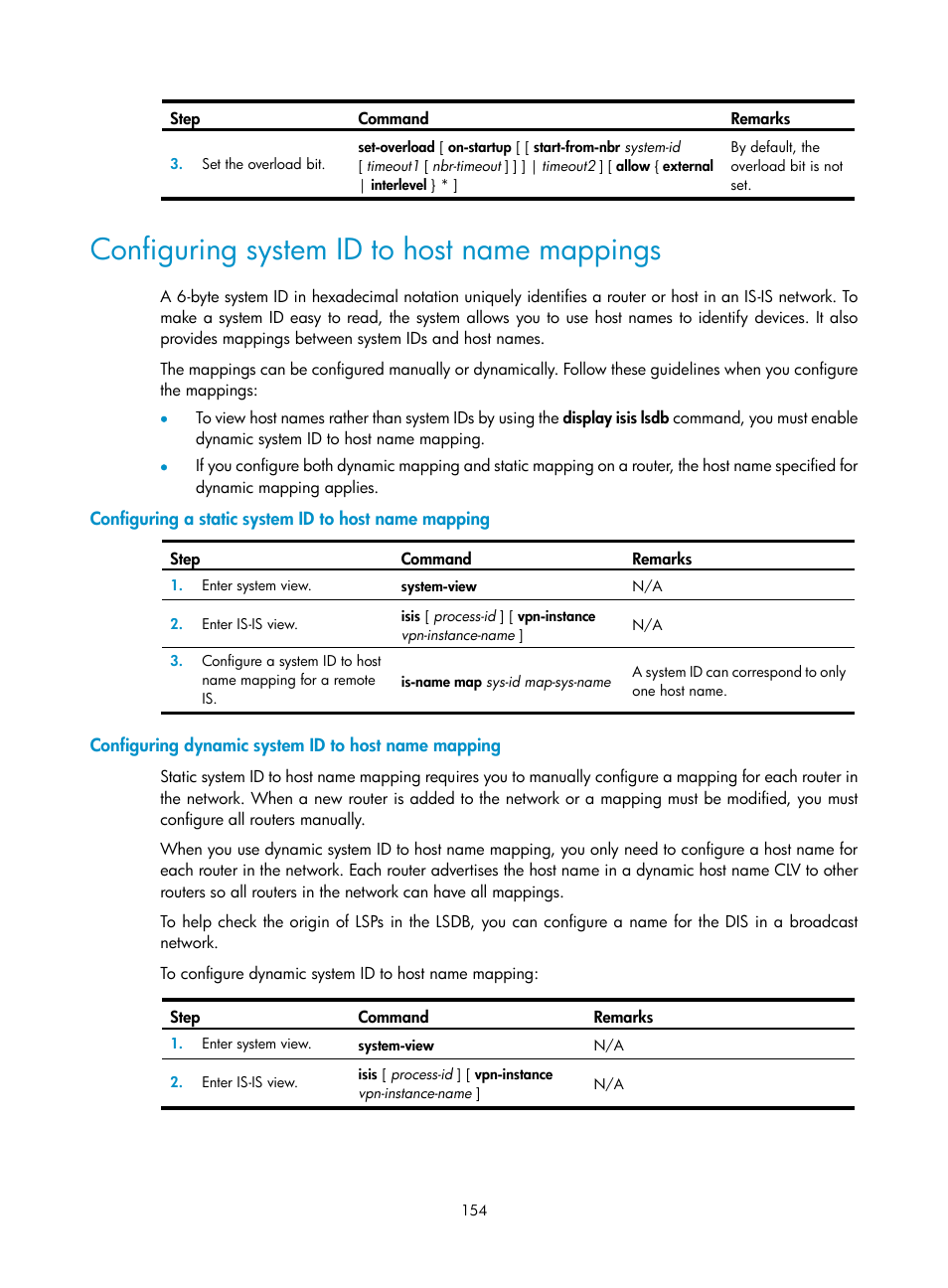 Configuring system id to host name mappings, Configuring dynamic system id to host name mapping | H3C Technologies H3C S5560 Series Switches User Manual | Page 170 / 510